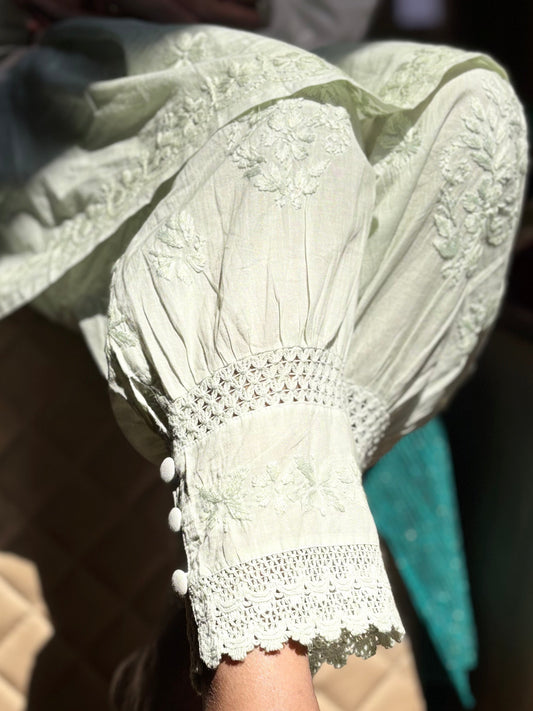 Aabdaar Cotton Chikankari Co-ord set - Pista Green