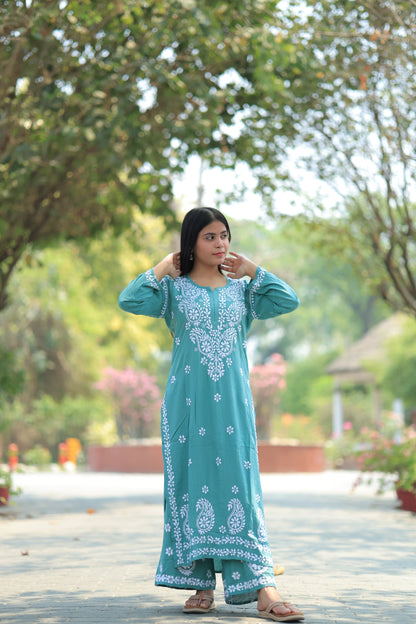 Aabdaar Premium Rayon Chikankari Set - Blue
