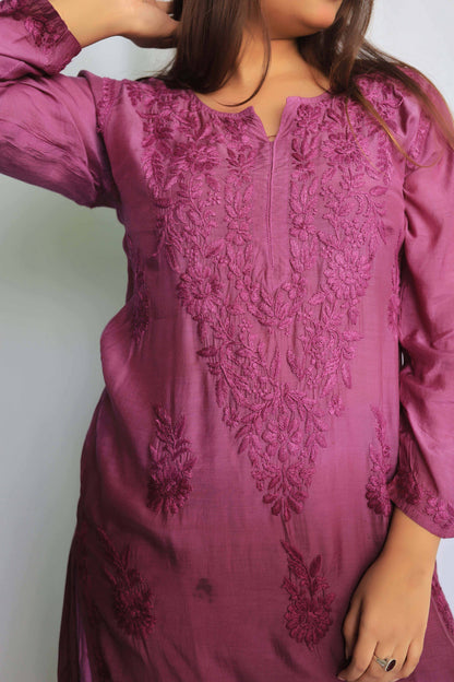 Premium Muslin Chikankari Kurta palazzo set - Wine (Dual tone)