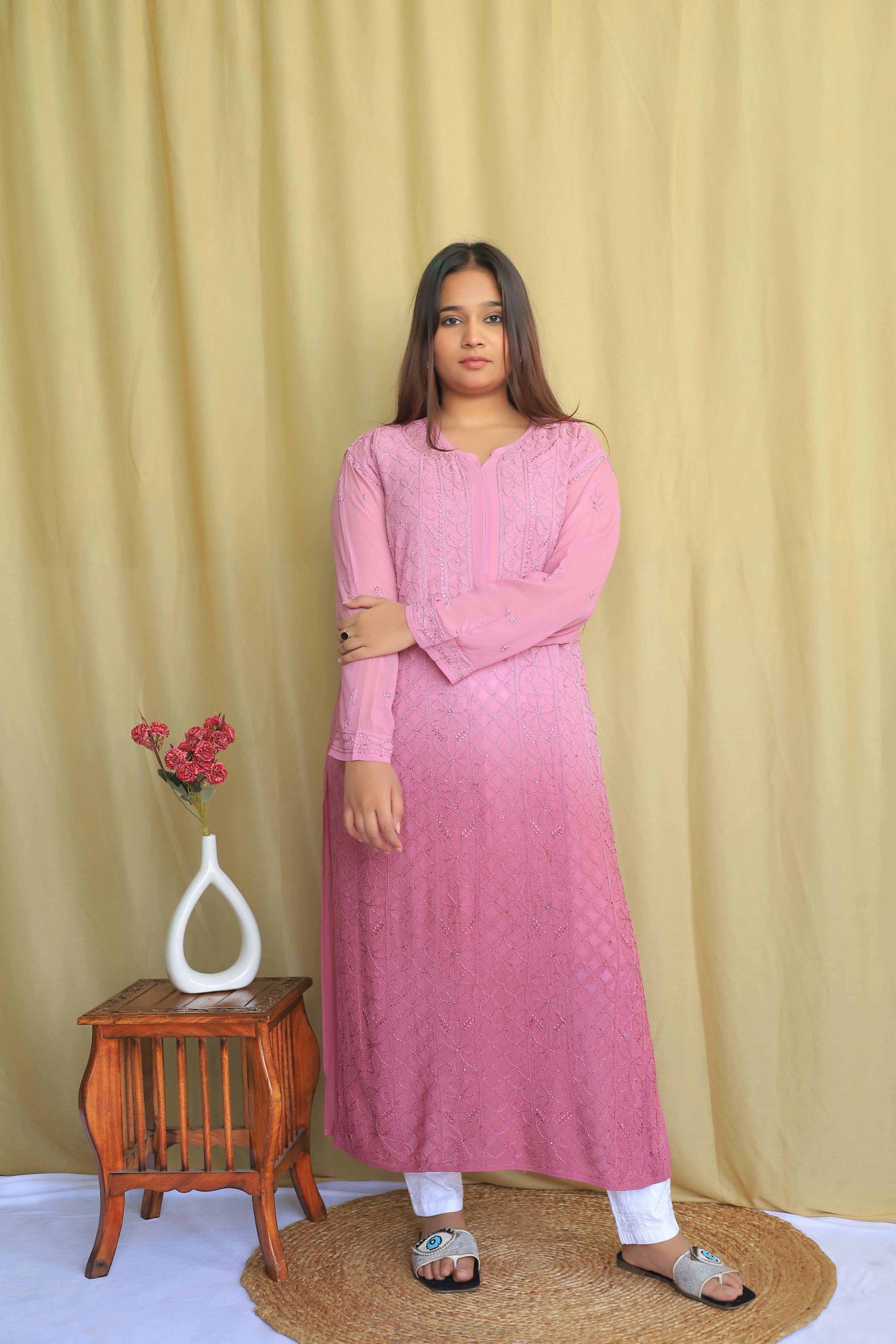 Jaal Georgette Kurta In Fine Chikankari Work Mauve(Dual shade)