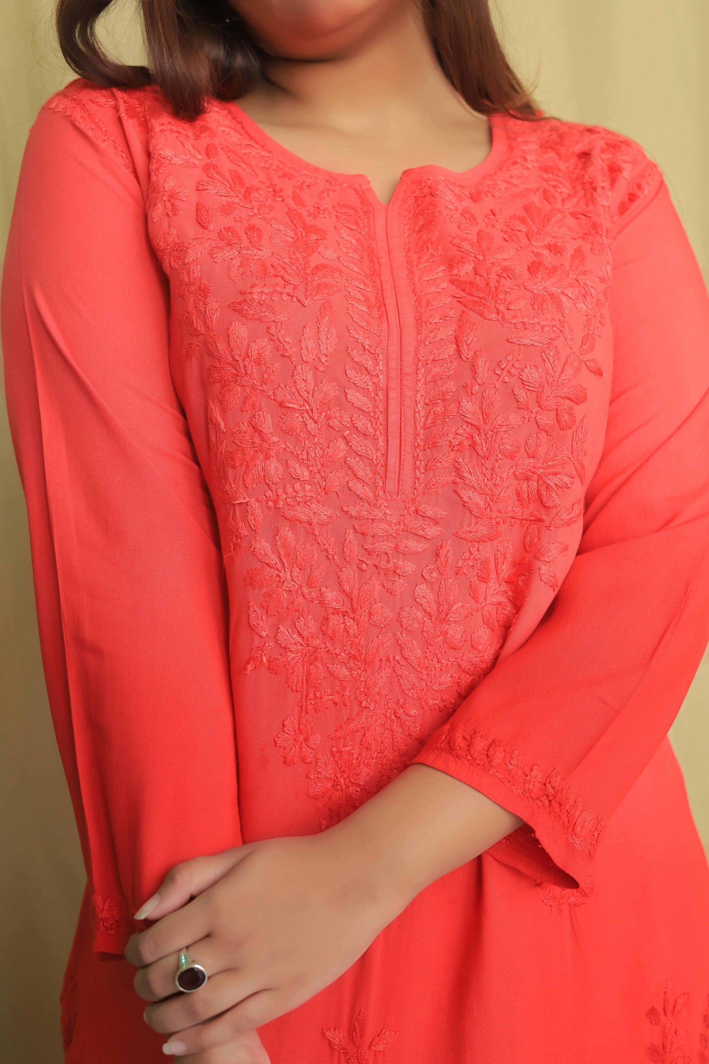 Aabdaar Rayon Chikankari Kurta - Carrot Red (Dual tone)