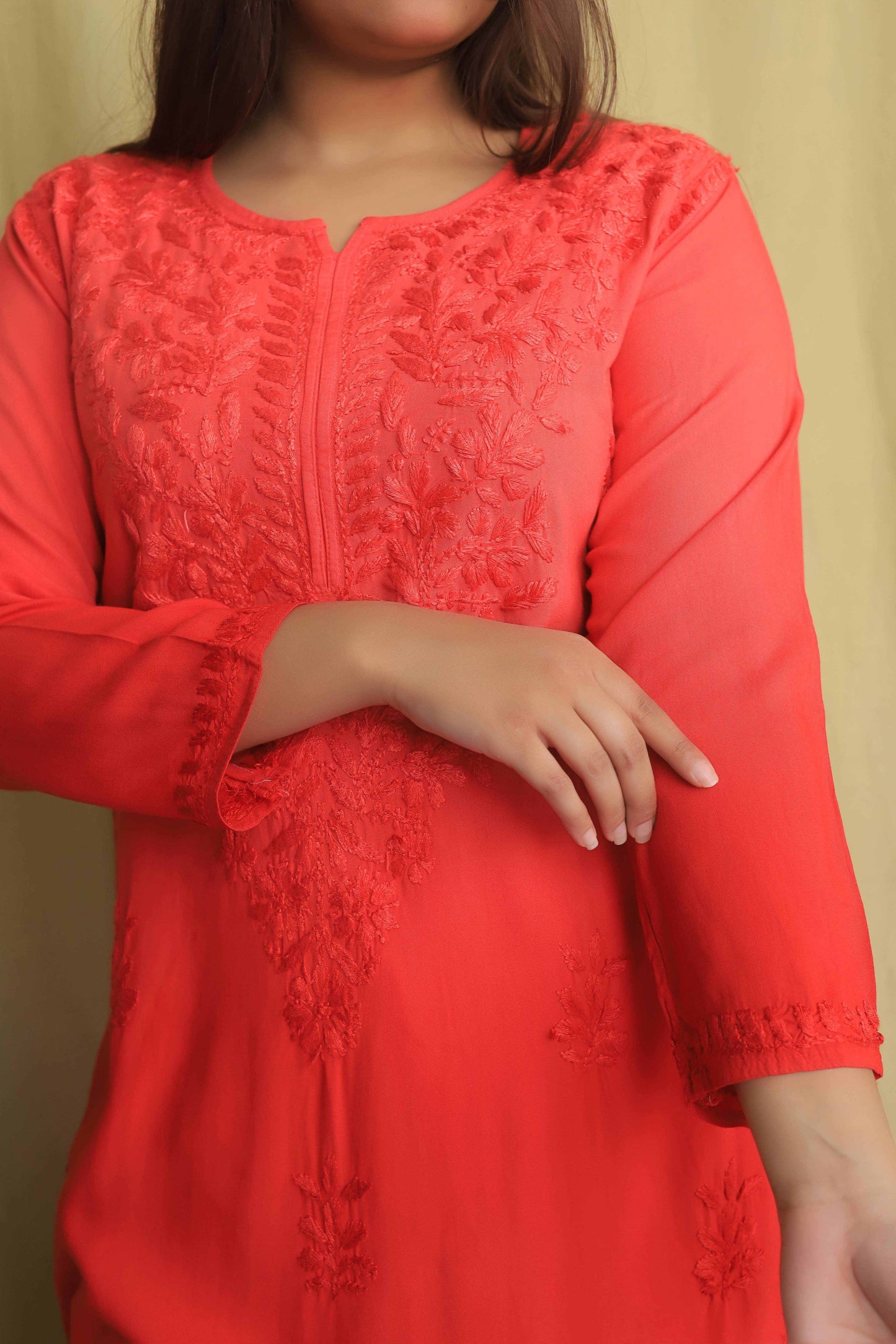 Aabdaar Rayon Chikankari Kurta - Carrot Red (Dual tone)