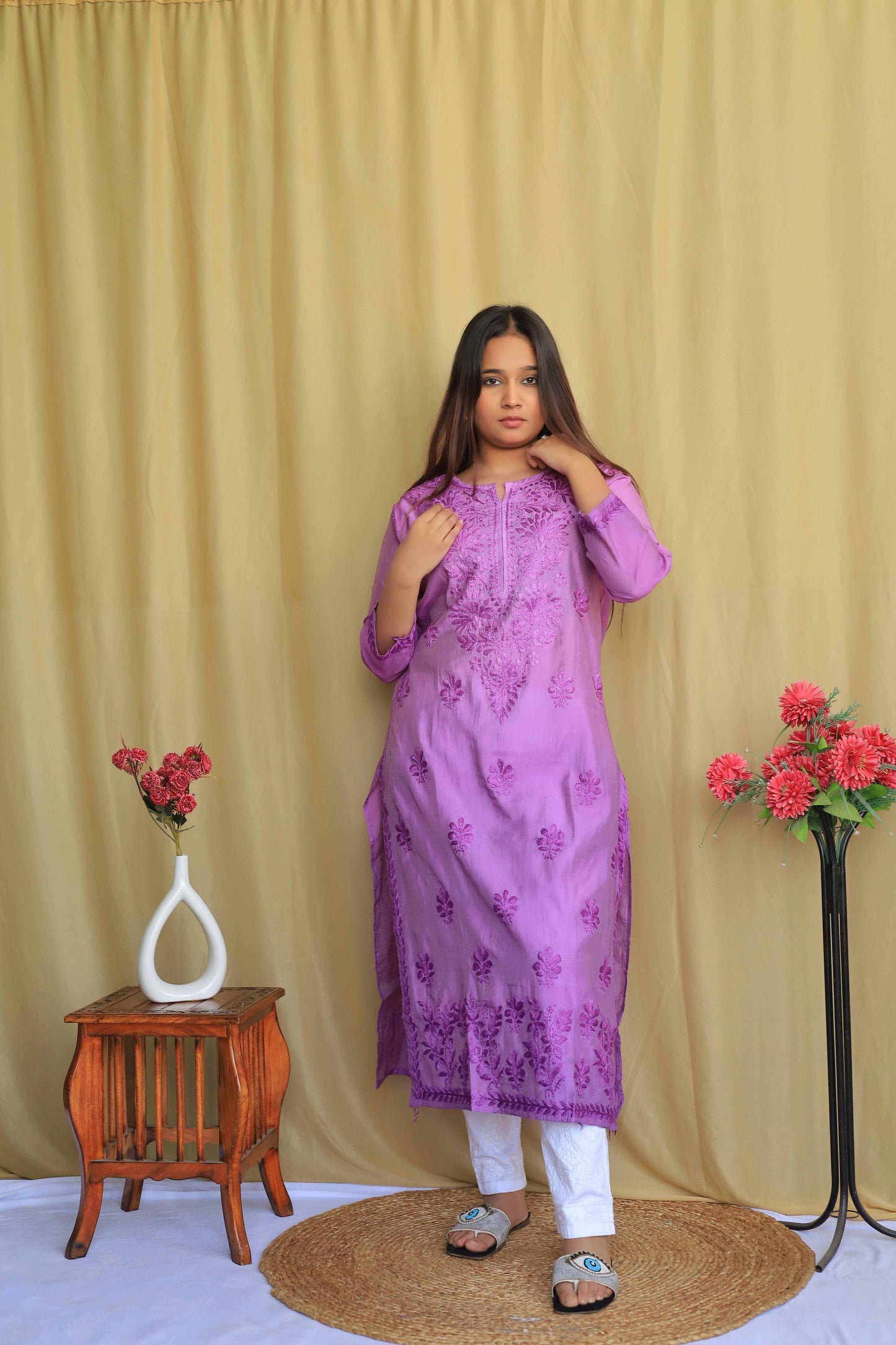 Premium Chanderi Chikankari Kurta - Purple