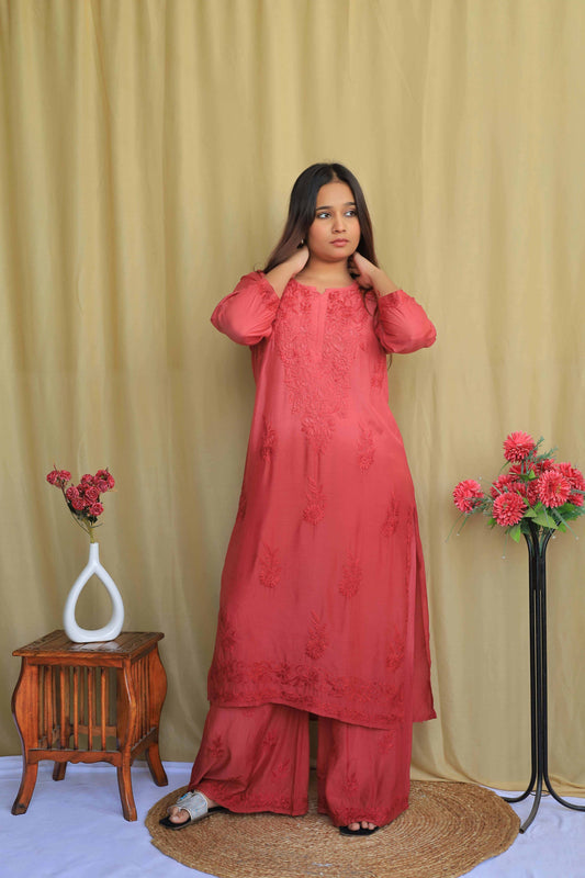 Premium Muslin Chikankari Kurta Palazzo set - Brick Orange ( Dual tone)